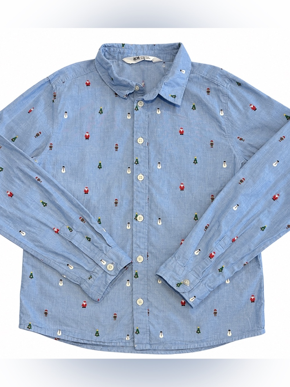 H&M Boys 8-9Y Christmas Chambray Shirt Santa Snowman Holiday